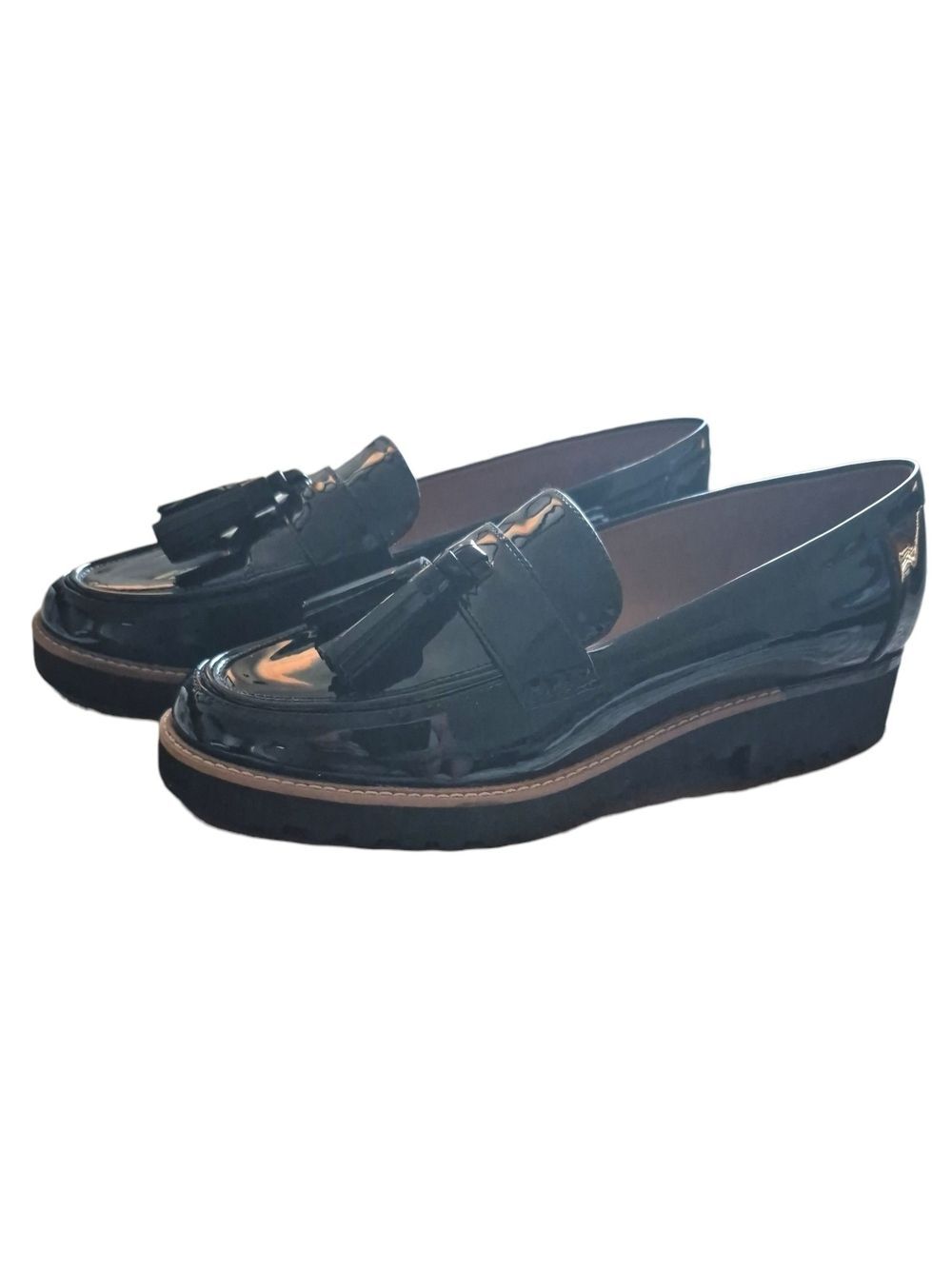 Black Patent Leather Tassel Lug Sole Loafers Chunky Platform 8.5M Academia Fall